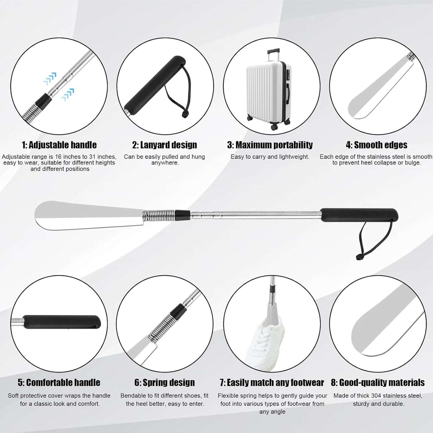 Extendable Shoe Horn - Adjustable Stainless Steel Long Handle Shoe Aid