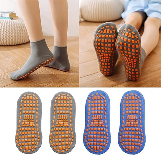 Non-Slip Safety Socks (2 Pack) – Soft Cotton, Fall Prevention Grip (Blue/Grey) One Size