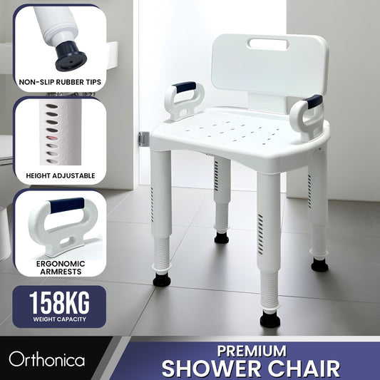 Orthonica Premium Adjustable Shower Chair with Armrests 158kg Capacity