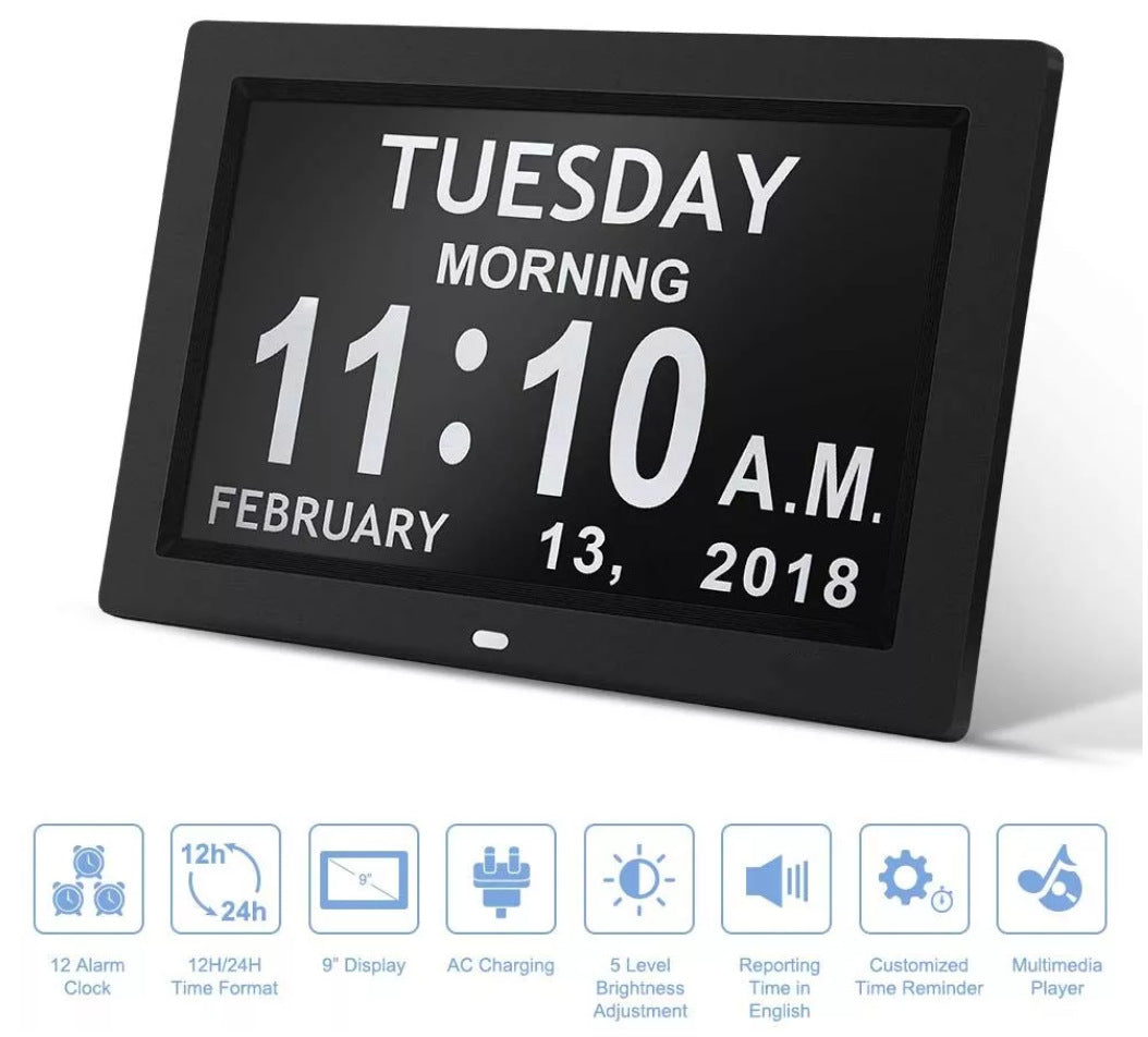 10.1” Digital Clock with Medication Reminders – Black & White