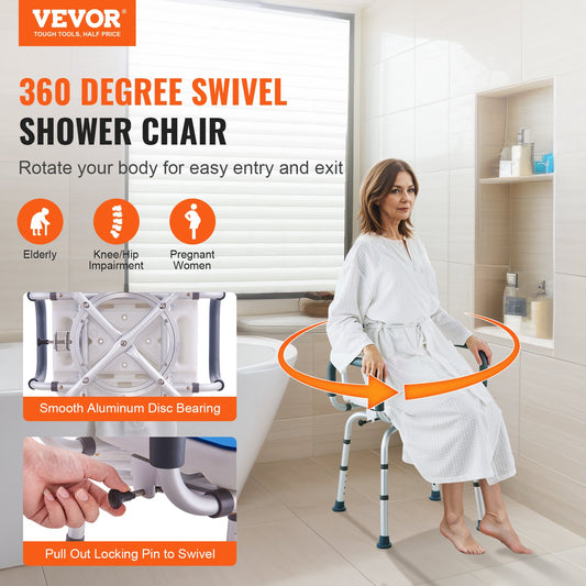 360° Swivel Shower Chair with Arms & Back – Adjustable, 181 kg Capacity