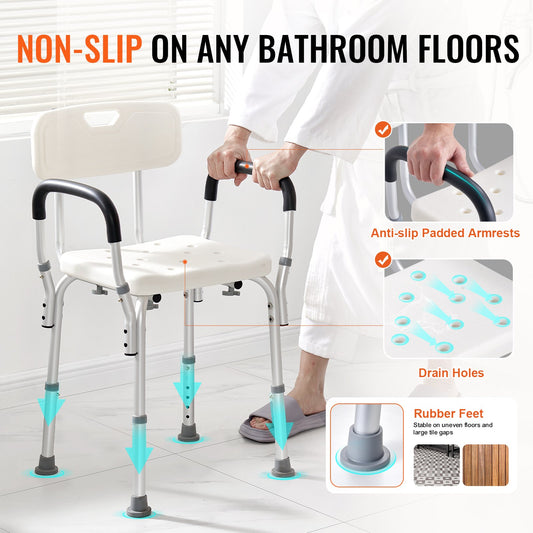 Adjustable Shower Chair with Back – Non-Slip Seat Up to 158kg Capacity