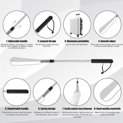 Extendable Shoe Horn - Adjustable Stainless Steel Long Handle Shoe Aid