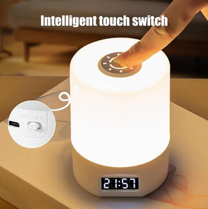 Rechargeable LED Bedside Lamp with Time Display - Dimmable Touch Lamp with Remote (White)