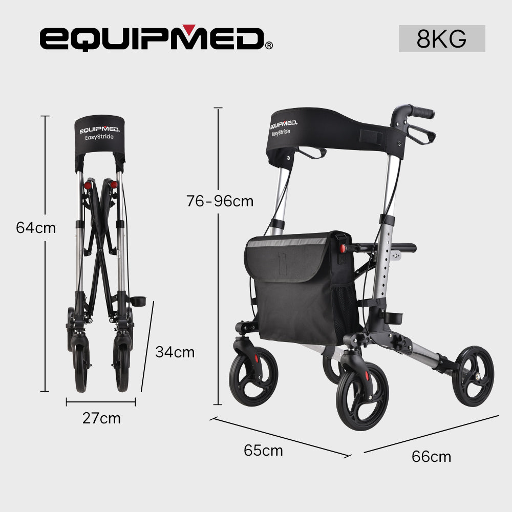 Equipmed Easy Stride Rollator with Seat & Bag, Foldable, 135kg
