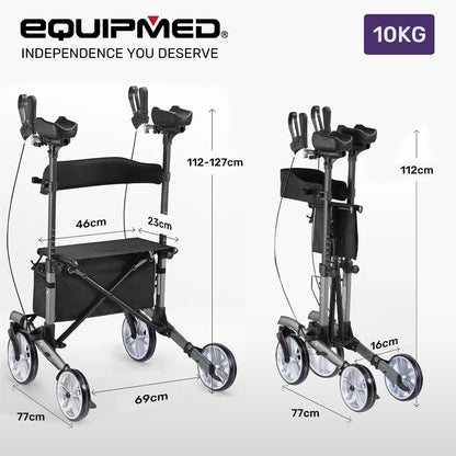 Equipmed Upright Rollator Walker with Seat & Adjustable Forearm Supports - Lightweight (Blue & Grey)