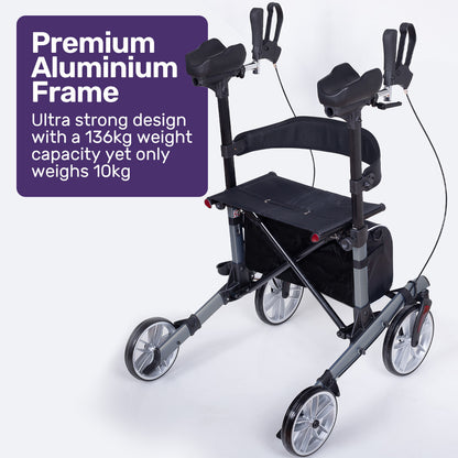 Equipmed Upright Rollator Walker with Seat & Adjustable Forearm Supports - Lightweight (Blue & Grey)
