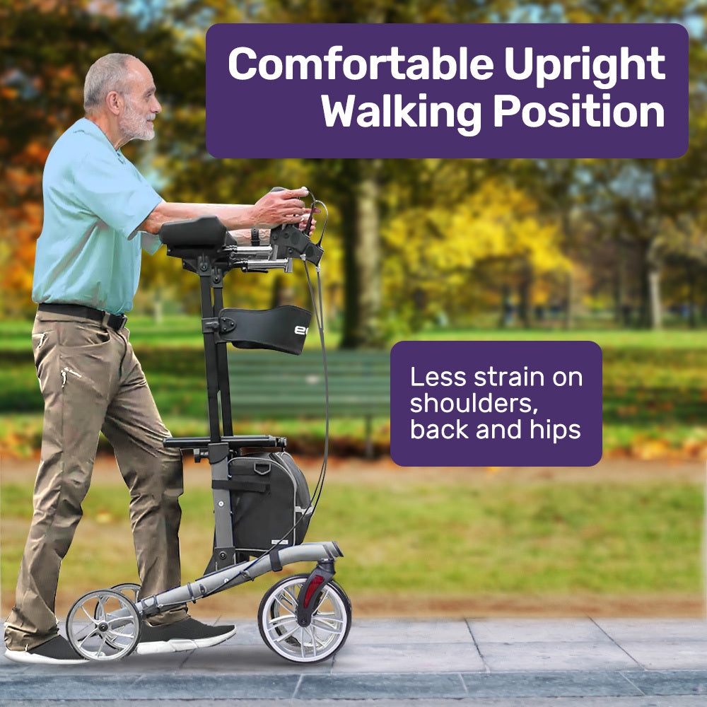 Equipmed Upright Rollator Walker with Seat & Adjustable Forearm Supports - Lightweight (Blue & Grey)