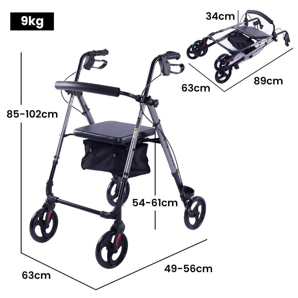 Equipmed Lightweight 4-Wheel Rollator Walker - Aluminium Frame with Seat & Storage (Titanium)
