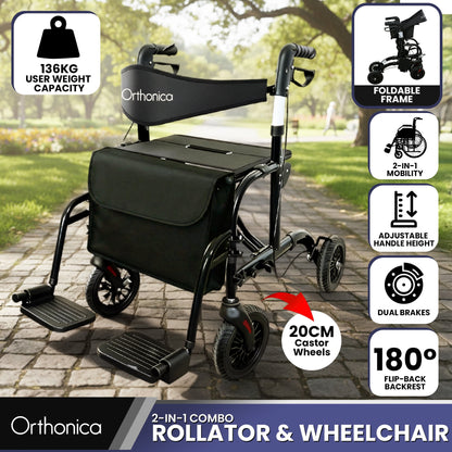 Orthonica 2-in-1 Rollator Wheelchair, Foldable, Black & Silver