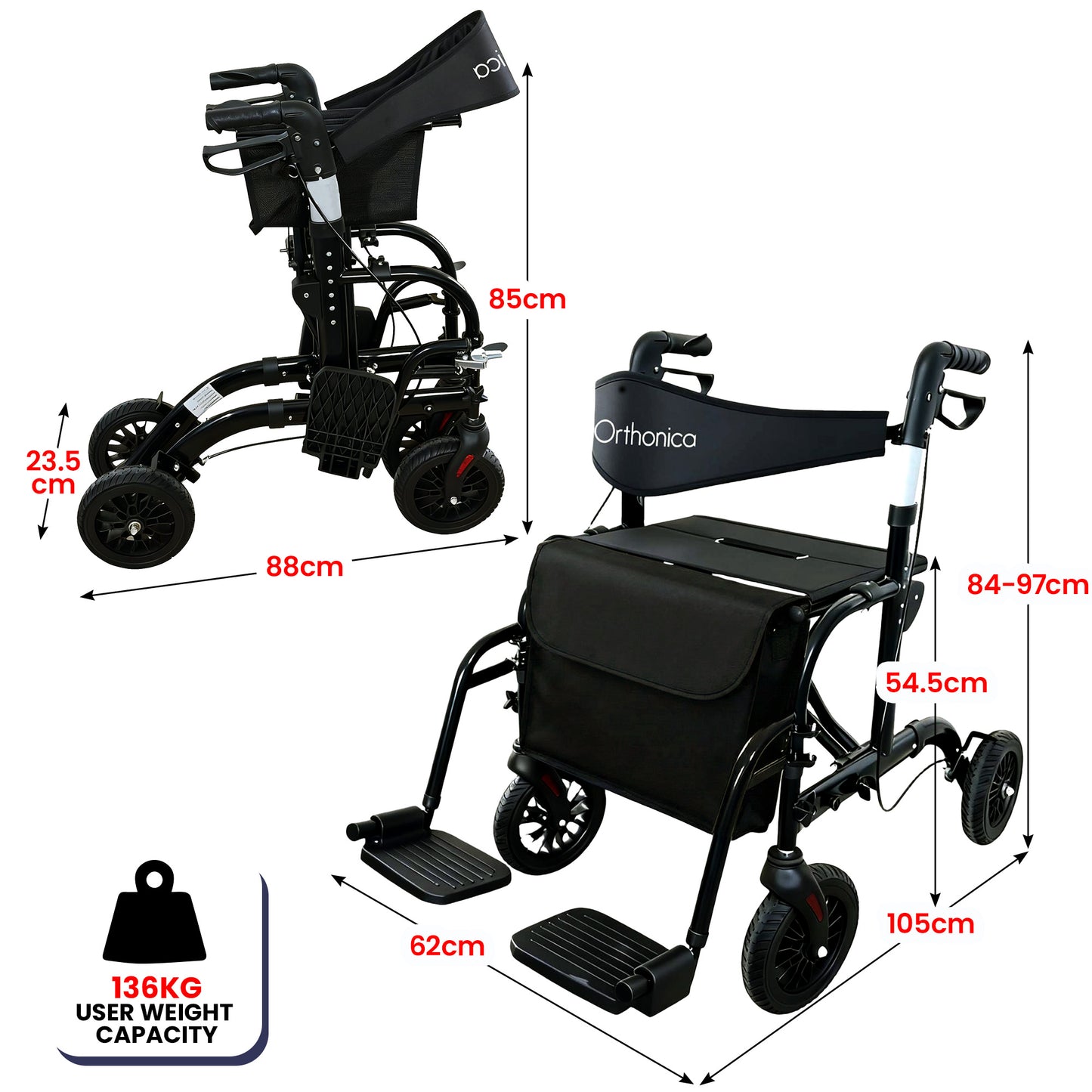 Orthonica 2-in-1 Rollator Wheelchair, Foldable, Black & Silver