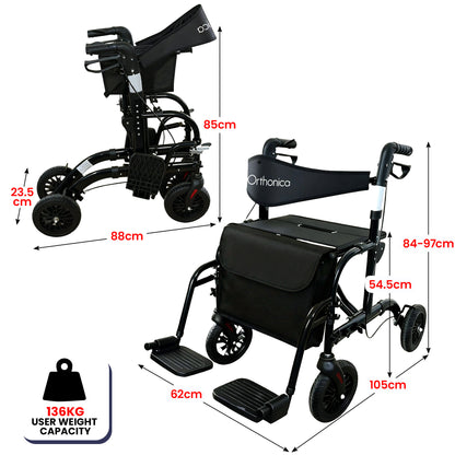 Orthonica 2-in-1 Rollator Wheelchair, Foldable, Black & Silver