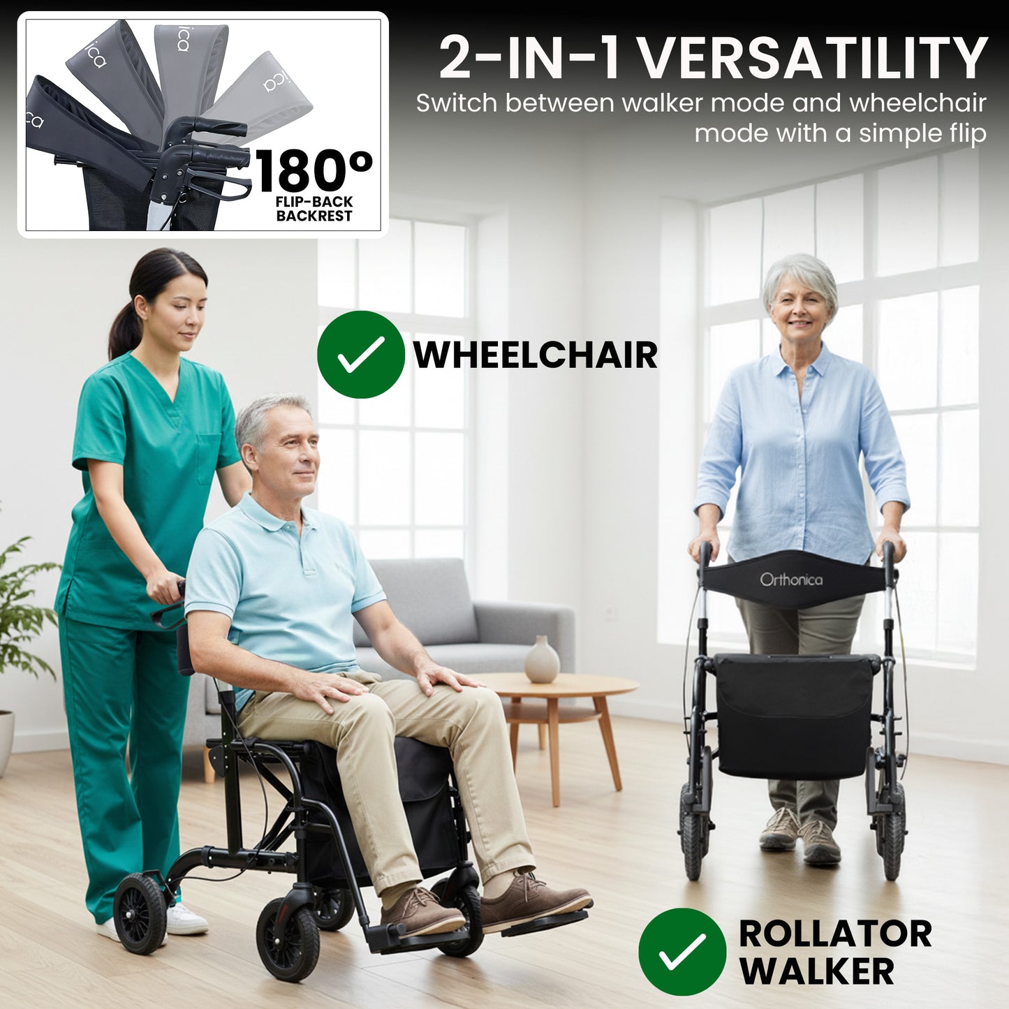 Orthonica 2-in-1 Rollator Wheelchair, Foldable, Black & Silver