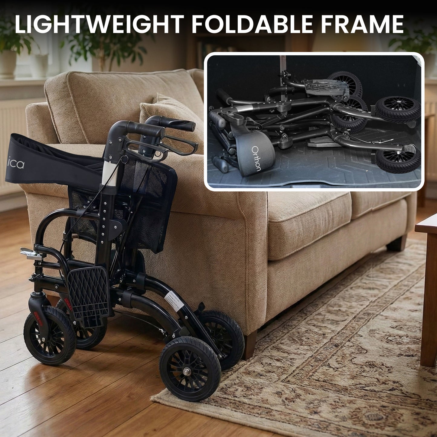 Orthonica 2-in-1 Rollator Wheelchair, Foldable, Black & Silver