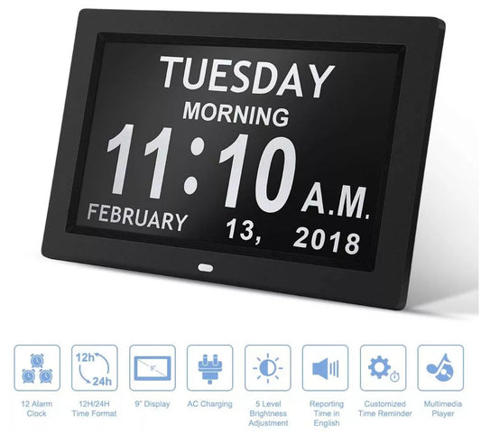 Artiss 10-Inch Digital Day Clock with Auto-Dim & Reminders, Black