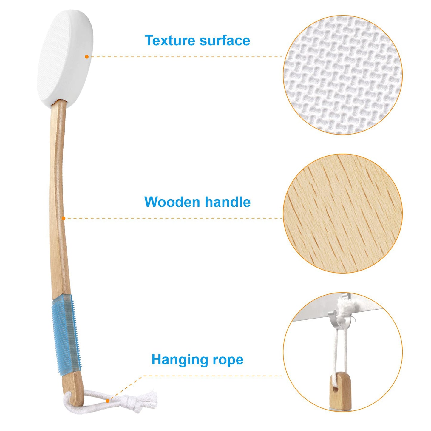 Long Handle Bath Brush Set - Non-Slip Grip with 4 Exfoliating Heads