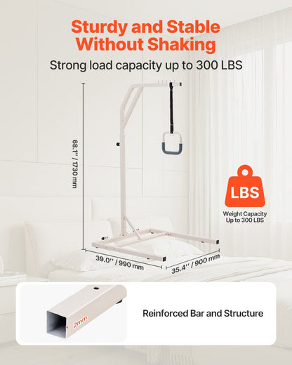 Trapeze Bar for Bed Mobility, Height-Adjustable Free Standing Trapeze Bar with 2 Wheels, 300LBS Capacity Bed Pull Up Assist for Elderly Disabled, Ideal for Hospital, Nursing Home & Home Care
