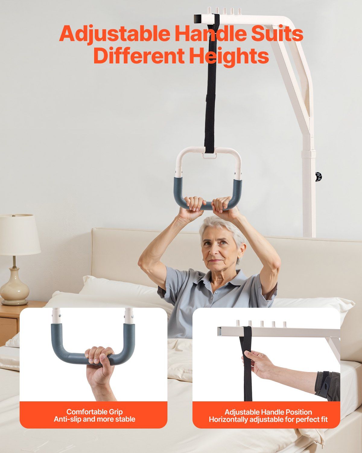 Trapeze Bar for Bed Mobility, Height-Adjustable Free Standing Trapeze Bar with 2 Wheels, 300LBS Capacity Bed Pull Up Assist for Elderly Disabled, Ideal for Hospital, Nursing Home & Home Care