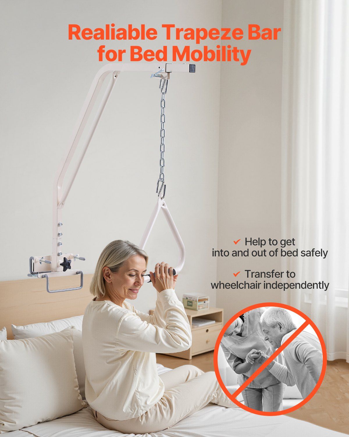 Trapeze Bar for Bed Mobility, Medical Bed Trapeze with Clamps & Metal Chain, 250LBS Weight Capacity Pull Up Assist Bar for Elderly & Disabled, Ideal for Home Care, Hospitals, Nursing Homes