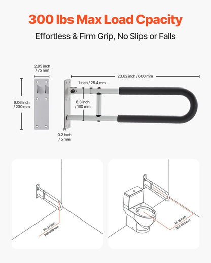 Toilet Safety Rail, 60.5 cm U-Shaped Handicap Grab Bar, Foldable Senior Safety Pole, Flip Up Toilet Grab Bars with Anti-Slip Support Handle, 136 kg Load Capacity for Elderly, Disabled, Pregnant