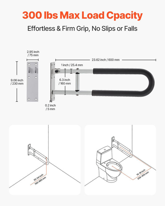 Toilet Safety Rail, 60.5 cm U-Shaped Handicap Grab Bar, Foldable Senior Safety Pole, Flip Up Toilet Grab Bars with Anti-Slip Support Handle, 136 kg Load Capacity for Elderly, Disabled, Pregnant