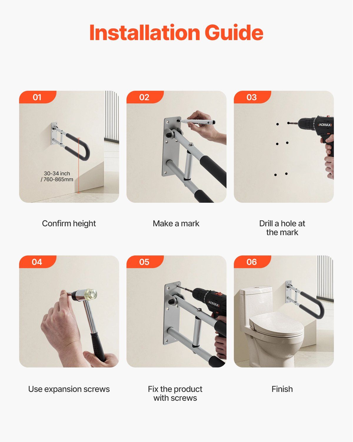 Toilet Safety Rail, 60.5 cm U-Shaped Handicap Grab Bar, Foldable Senior Safety Pole, Flip Up Toilet Grab Bars with Anti-Slip Support Handle, 136 kg Load Capacity for Elderly, Disabled, Pregnant