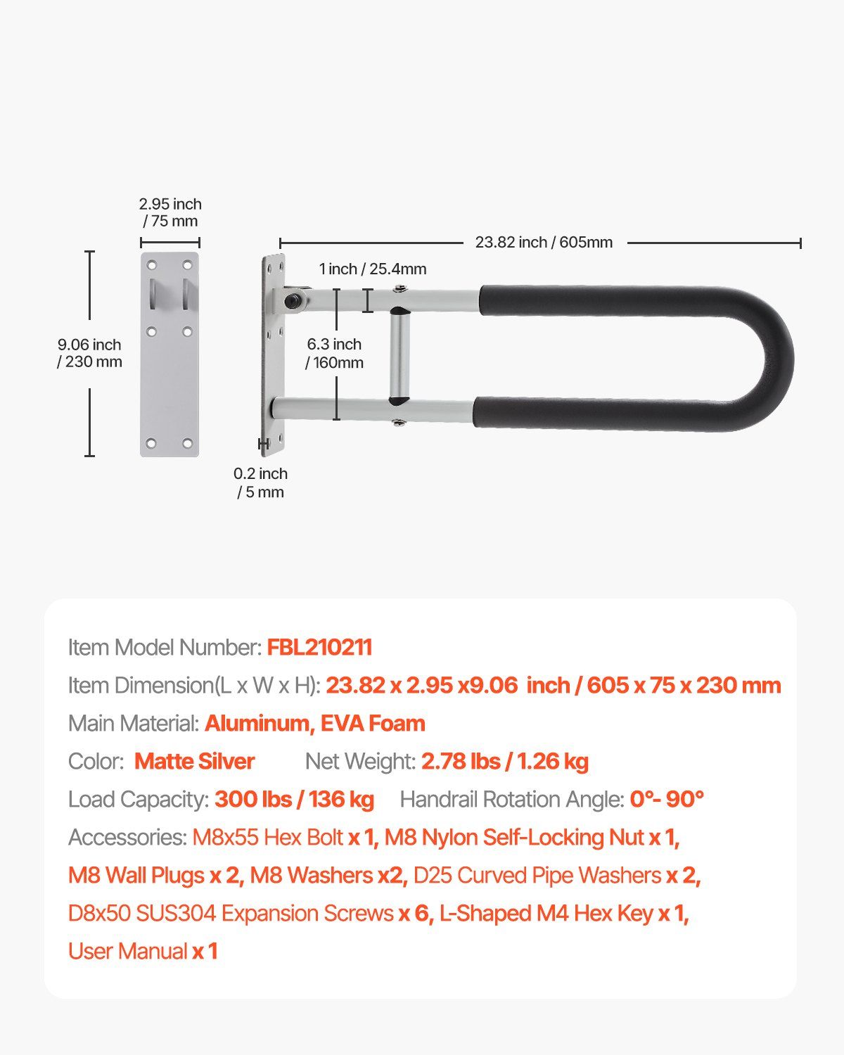 Toilet Safety Rail, 60.5 cm U-Shaped Handicap Grab Bar, Foldable Senior Safety Pole, Flip Up Toilet Grab Bars with Anti-Slip Support Handle, 136 kg Load Capacity for Elderly, Disabled, Pregnant