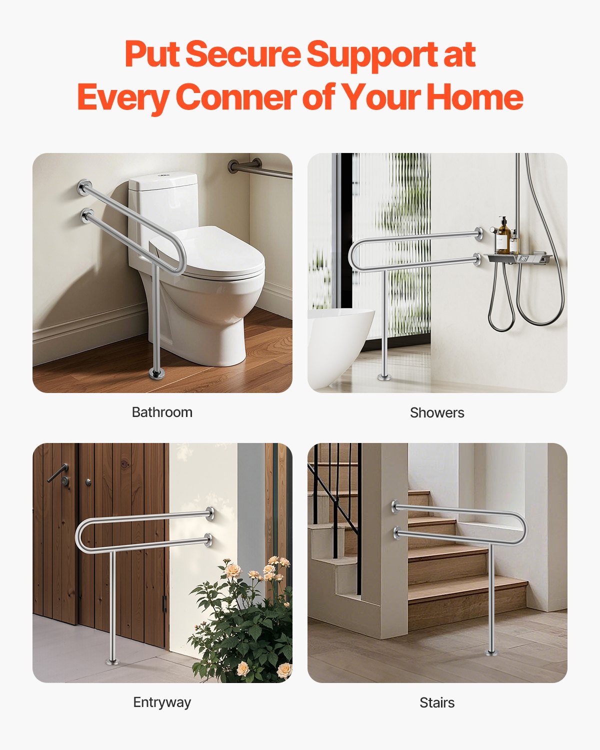 Toilet Safety Rail with Support Leg - Stainless Steel (136 kg Capacity)