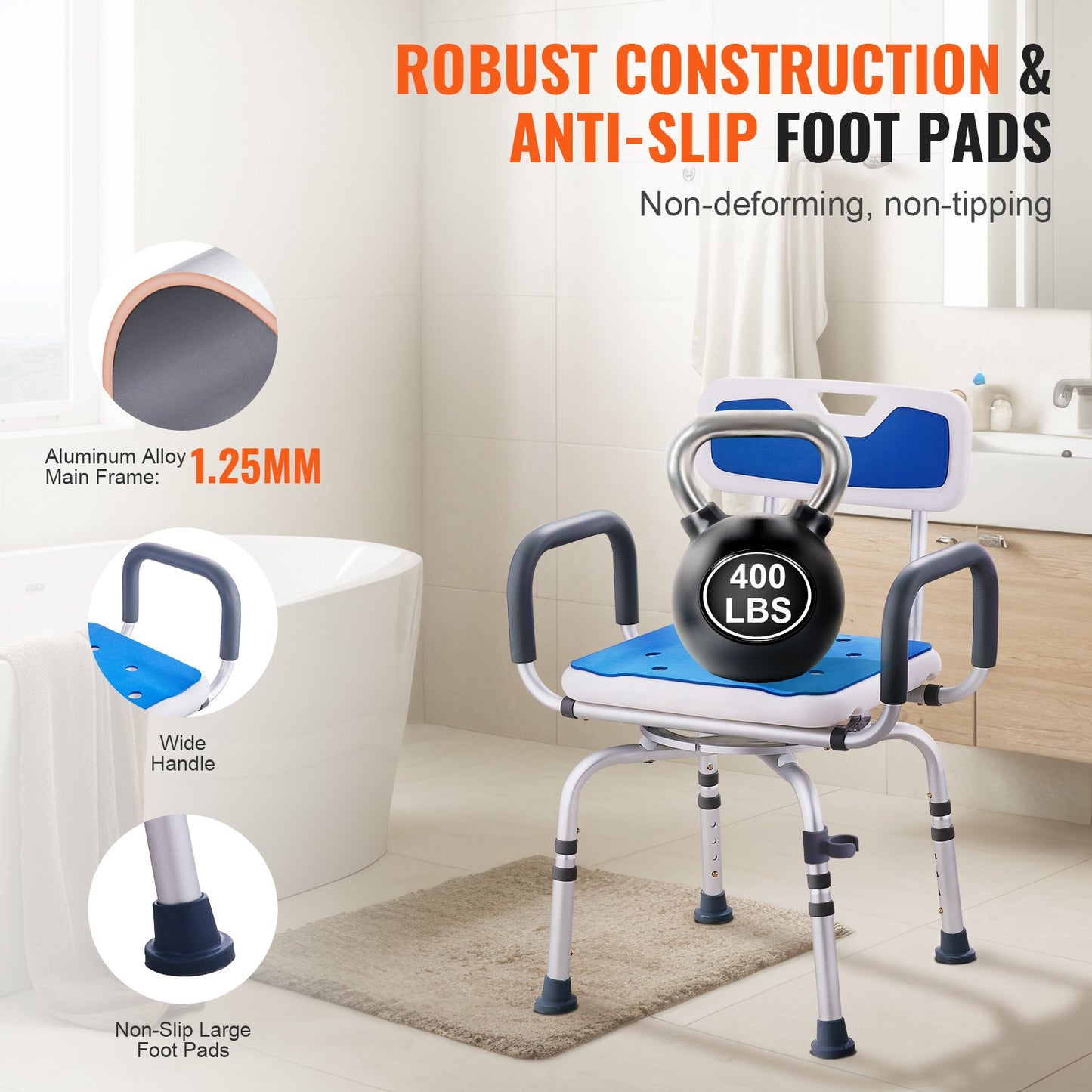 360 degrees Swivel Shower Chair with Backrest & Armrests - Adjustable Height (181 kg Capacity)