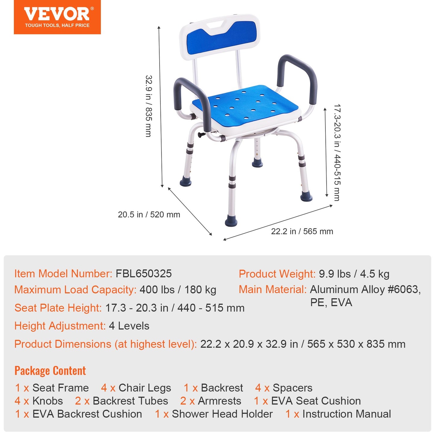 360 degrees Swivel Shower Chair with Backrest & Armrests - Adjustable Height (181 kg Capacity)