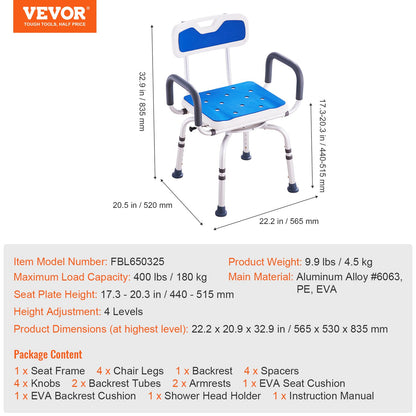 360 degrees Swivel Shower Chair with Backrest & Armrests - Adjustable Height (181 kg Capacity)