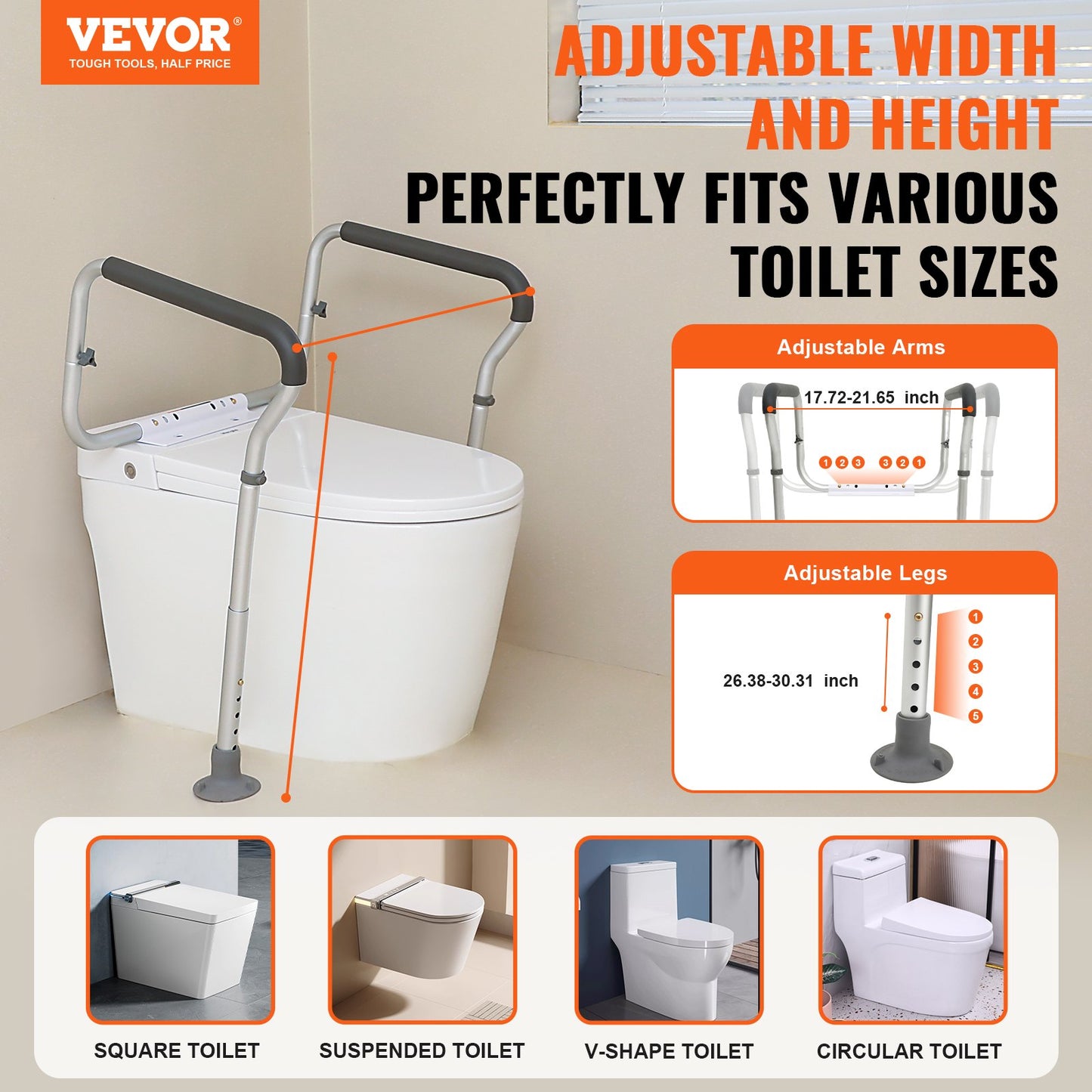 Adjustable Toilet Safety Frame with Padded Arms - Height & Width Adjustable (136 kg Capacity)