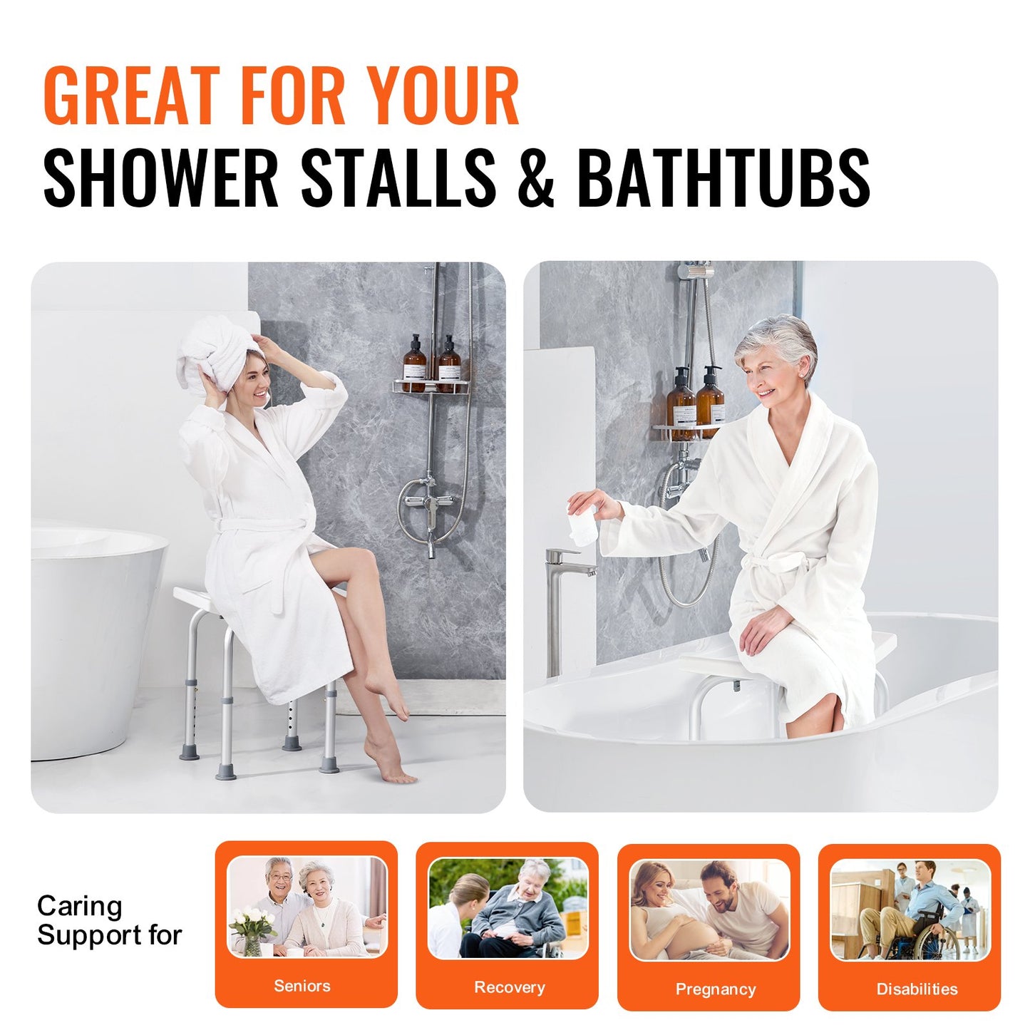 Adjustable Shower Stool with Handles - Non-Slip Seat (158 kg Capacity)