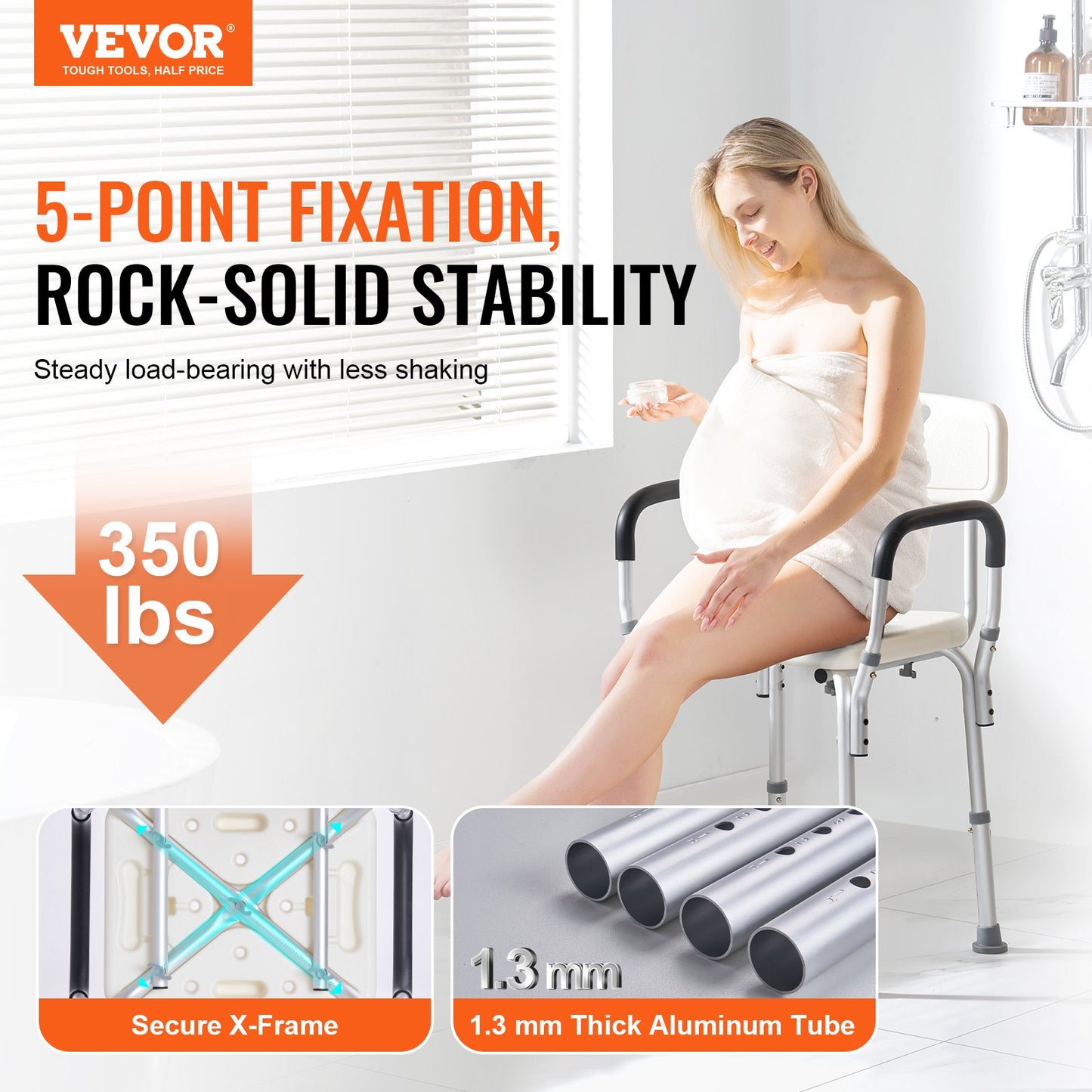 Adjustable Shower Chair with Backrest & Armrests - Non-Slip Seat (158 kg Capacity)