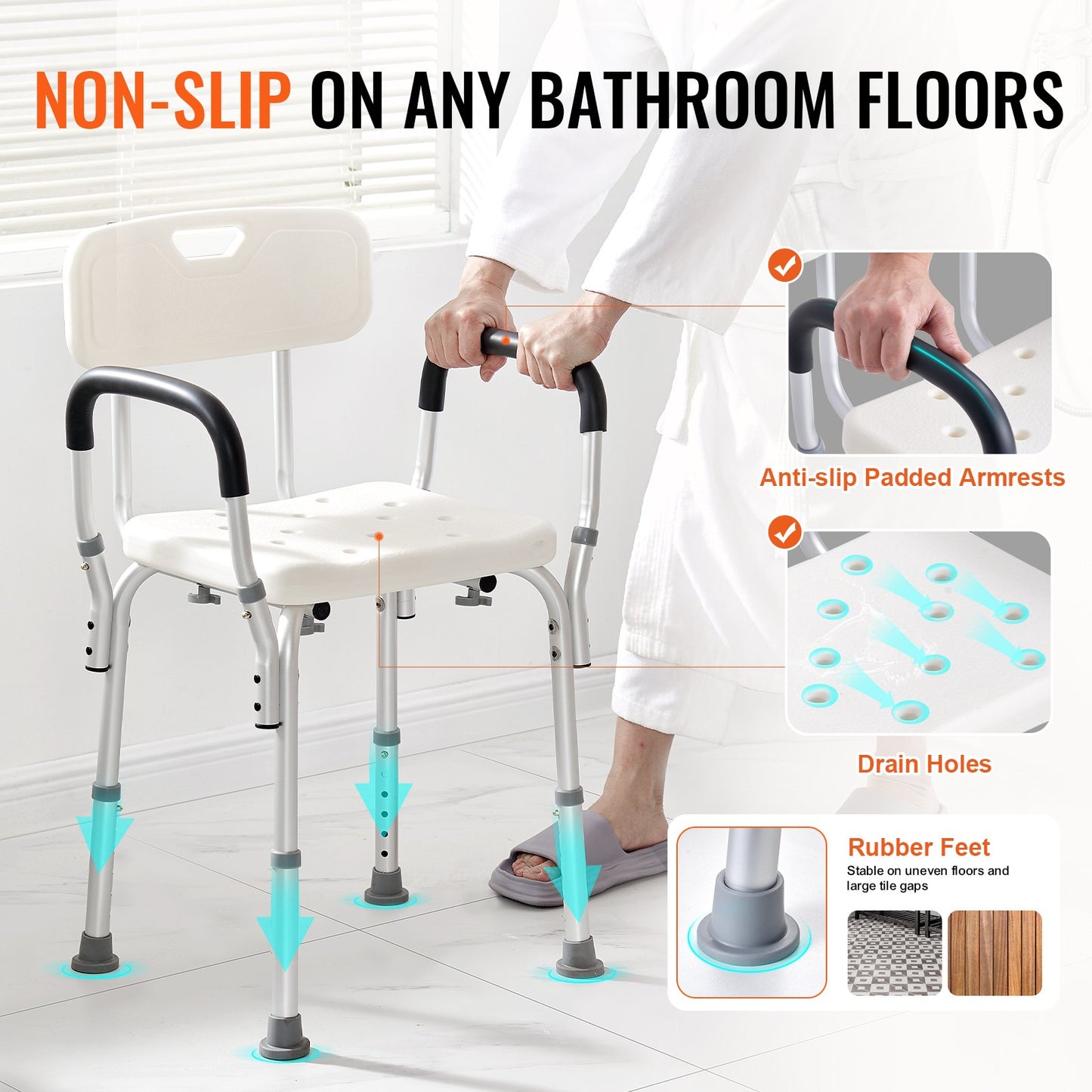 Adjustable Shower Chair with Backrest & Armrests - Non-Slip Seat (158 kg Capacity)