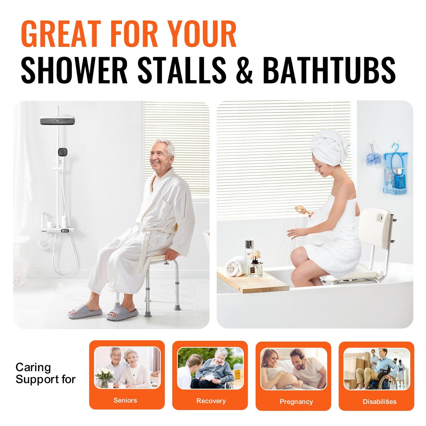 Adjustable Shower Chair with Back - Non-Slip Seat (158 kg Capacity)
