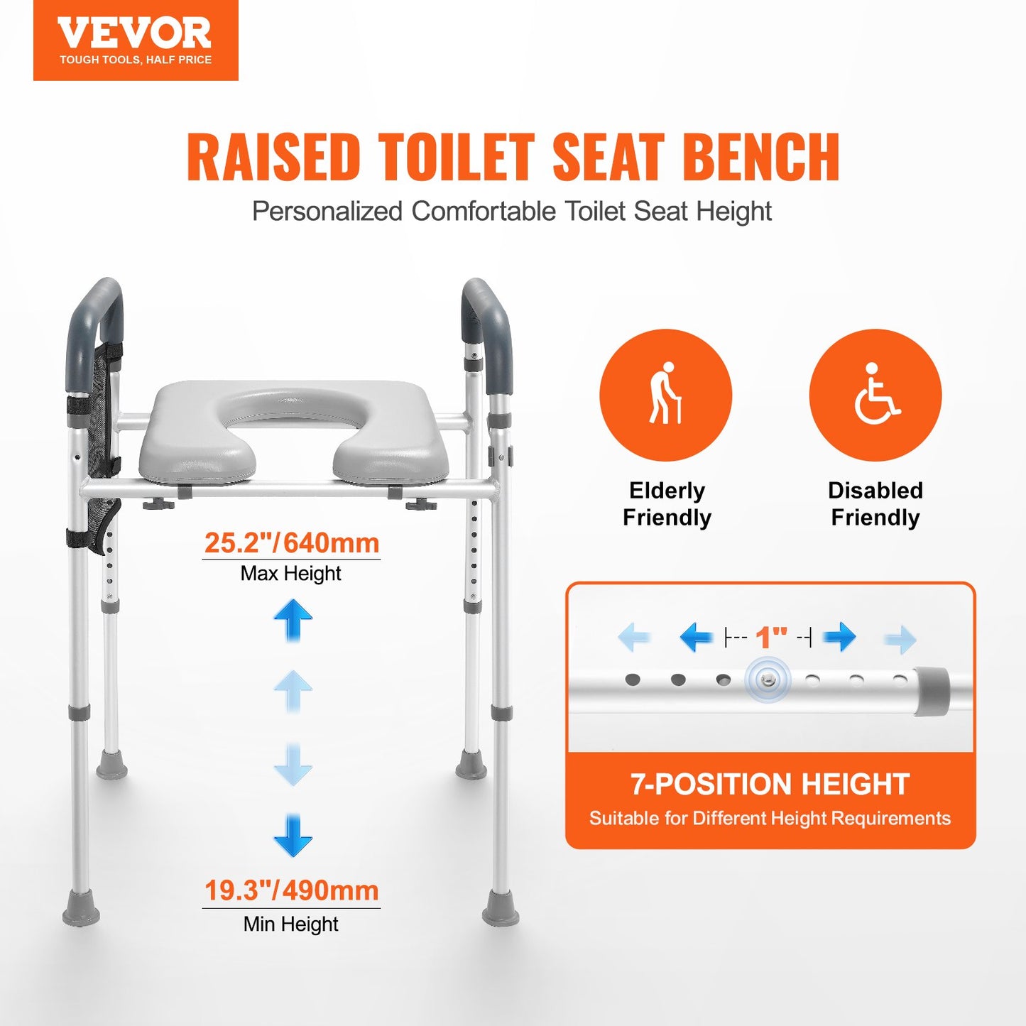 Adjustable Raised Toilet Seat with Padded Arms - Height Adjustable (158 kg Capacity)