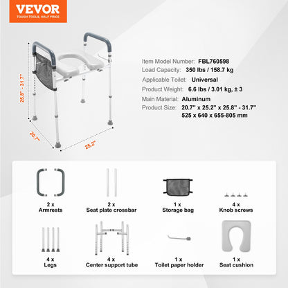 Adjustable Raised Toilet Seat with Padded Arms - Height Adjustable (158 kg Capacity)