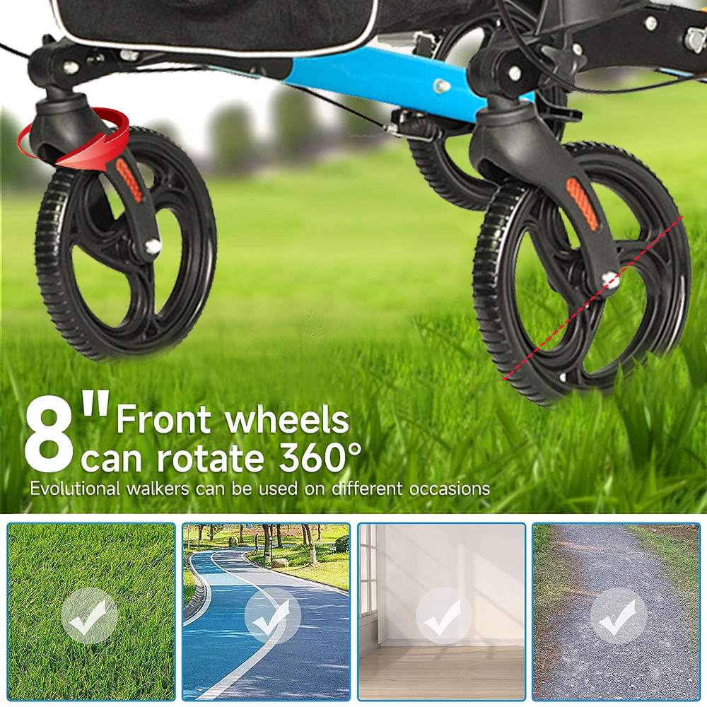 2-in-1 Folding Rollator Walker with Seat - Adjustable, 8" Wheels (136 kg Capacity)