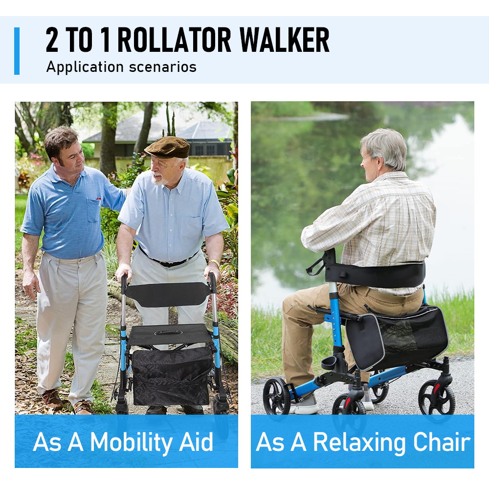 2-in-1 Folding Rollator Walker with Seat - Adjustable, 8" Wheels (136 kg Capacity)