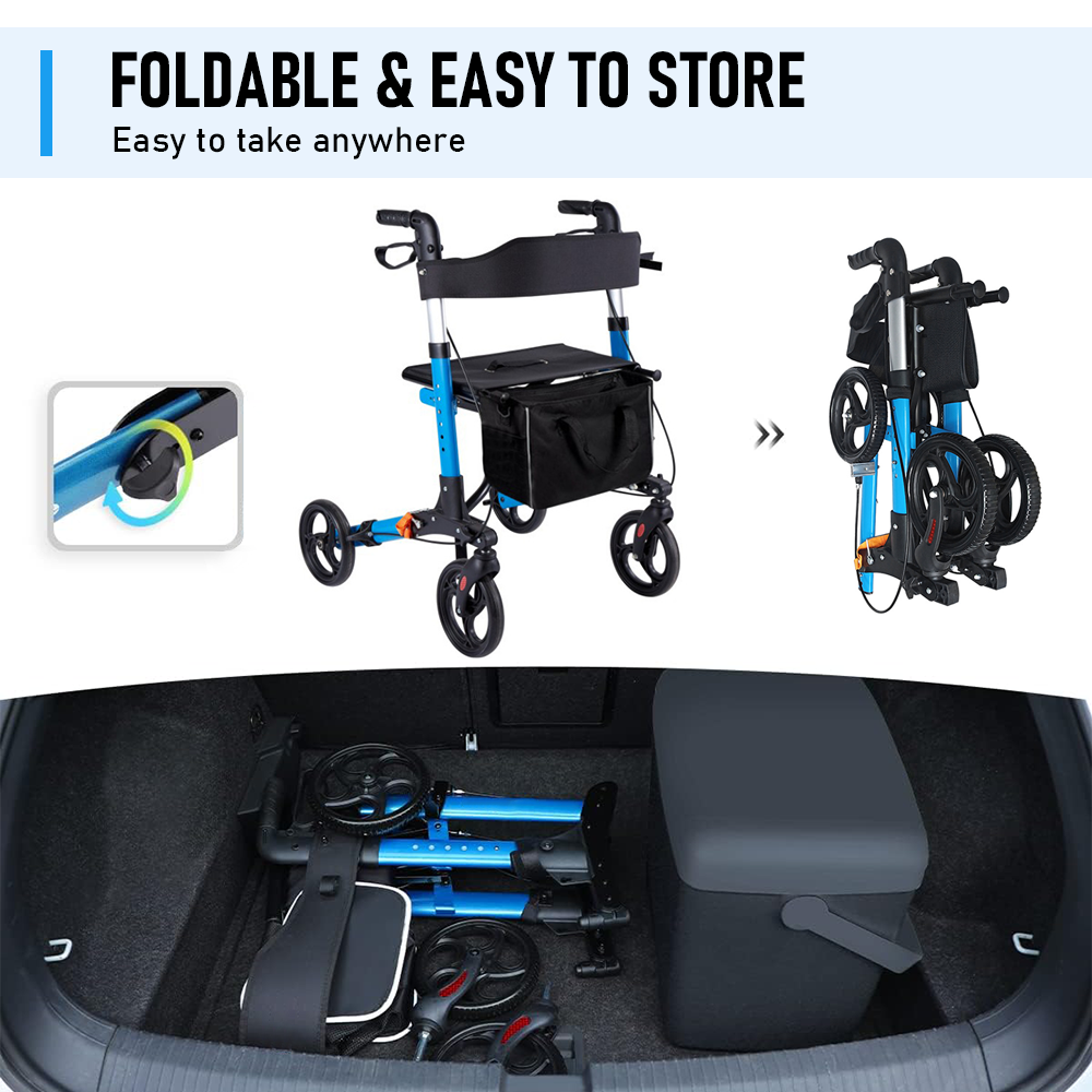 2-in-1 Folding Rollator Walker with Seat - Adjustable, 8" Wheels (136 kg Capacity)